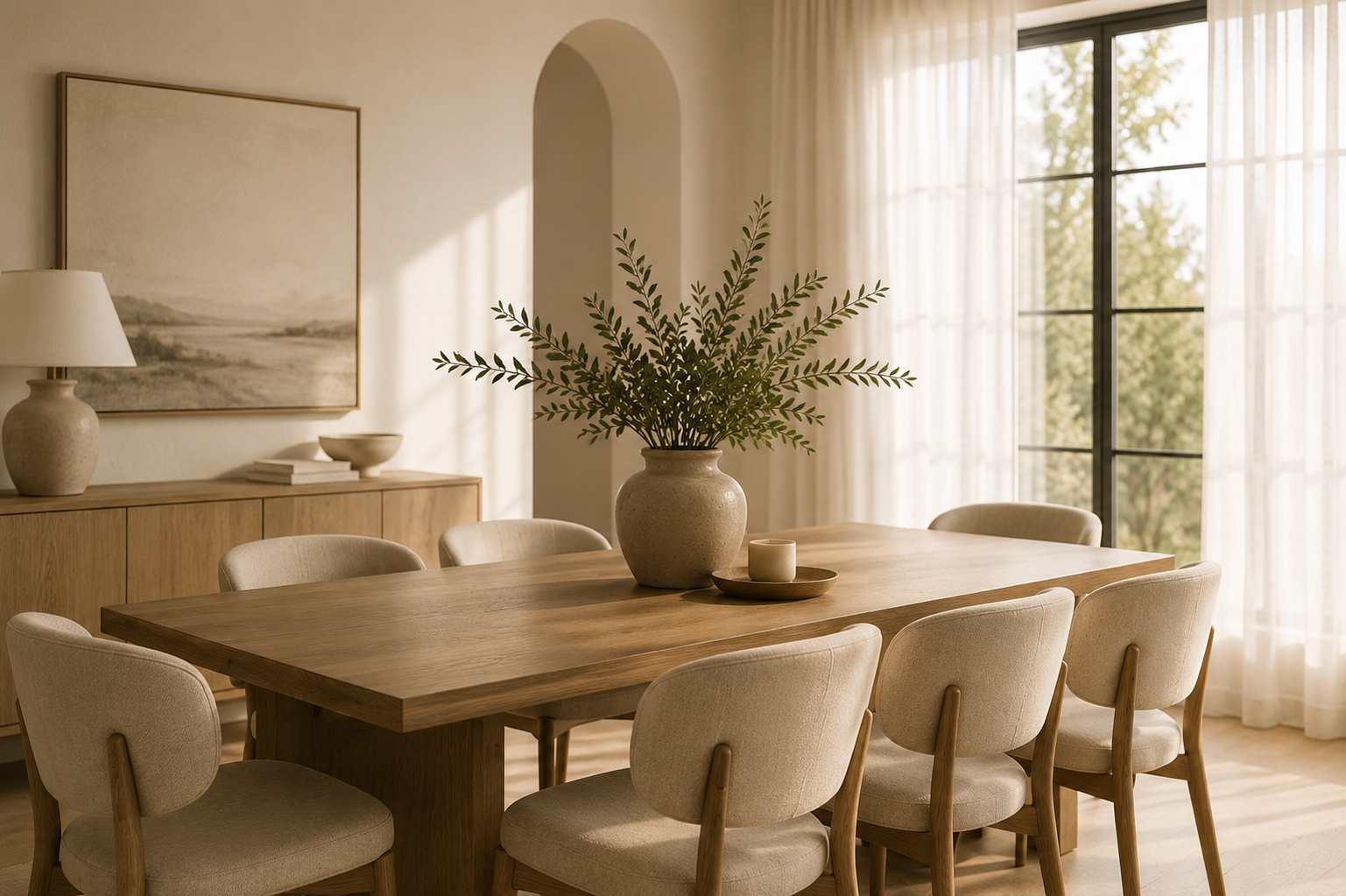 A dining room with a wooden table, surrounded by eight cream-colored upholstered chairs, a large vase with green foliage on the table, and a sideboard with a table lamp, books, and a bowl. Large windows with sheer curtains provide natural light and a view of trees outside.
