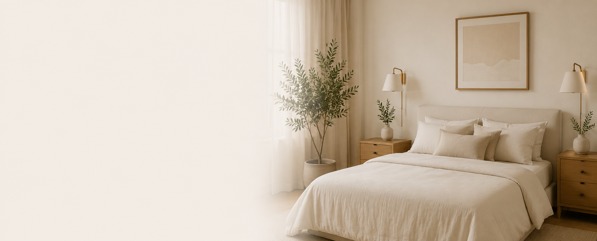 Minimalist bedroom with cream-colored bedding, wooden nightstands, potted plants, and framed artwork on the wall.
