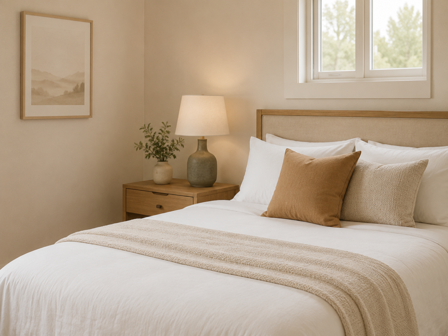 A cozy bedroom with a made bed featuring white sheets, beige and brown pillows, a beige bed runner, and a wooden headboard. Next to the bed is a wooden nightstand with a lamp, a small potted plant, and a window with a view of green trees.