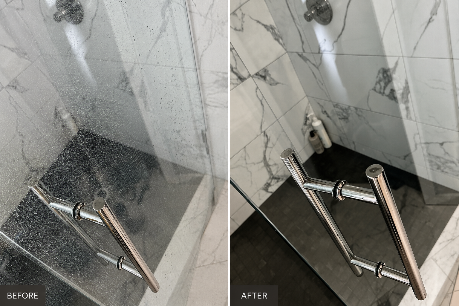 Comparison of a shower door before and after cleaning. On the left, the door is covered with soap scum and water spots; on the right, the door is clean and clear.