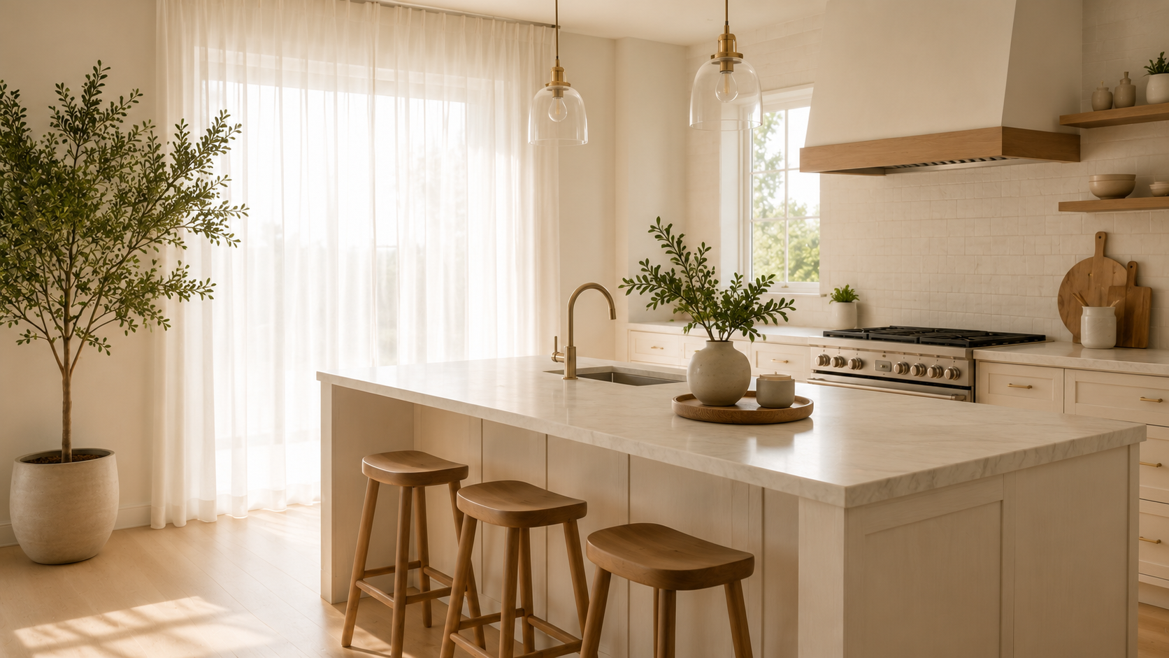 Bright kitchen with a large marble island, wooden bar stools, potted plants, white cabinets, and open shelving with dishes, with sunlight streaming through sheer curtains.