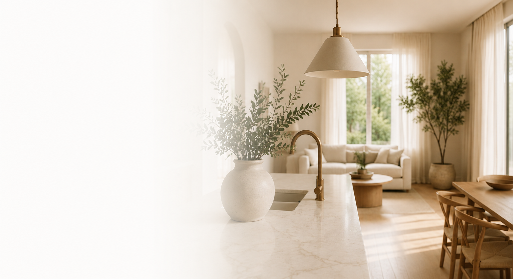 Bright living room with large windows, potted plants, a white sofa, a wooden dining table with chairs, and a hanging pendant light.