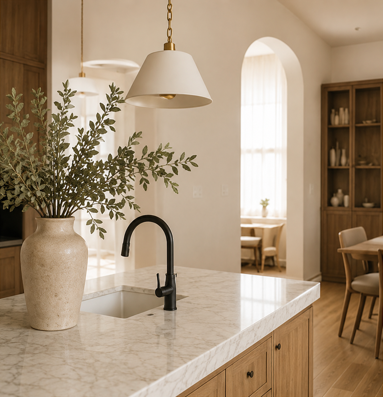 Decorative kitchen with a large beige vase filled with green leafy branches on a marble countertop. There is a black kitchen faucet and pendant light overhead, with a view into a dining area with a window and chairs in the background.