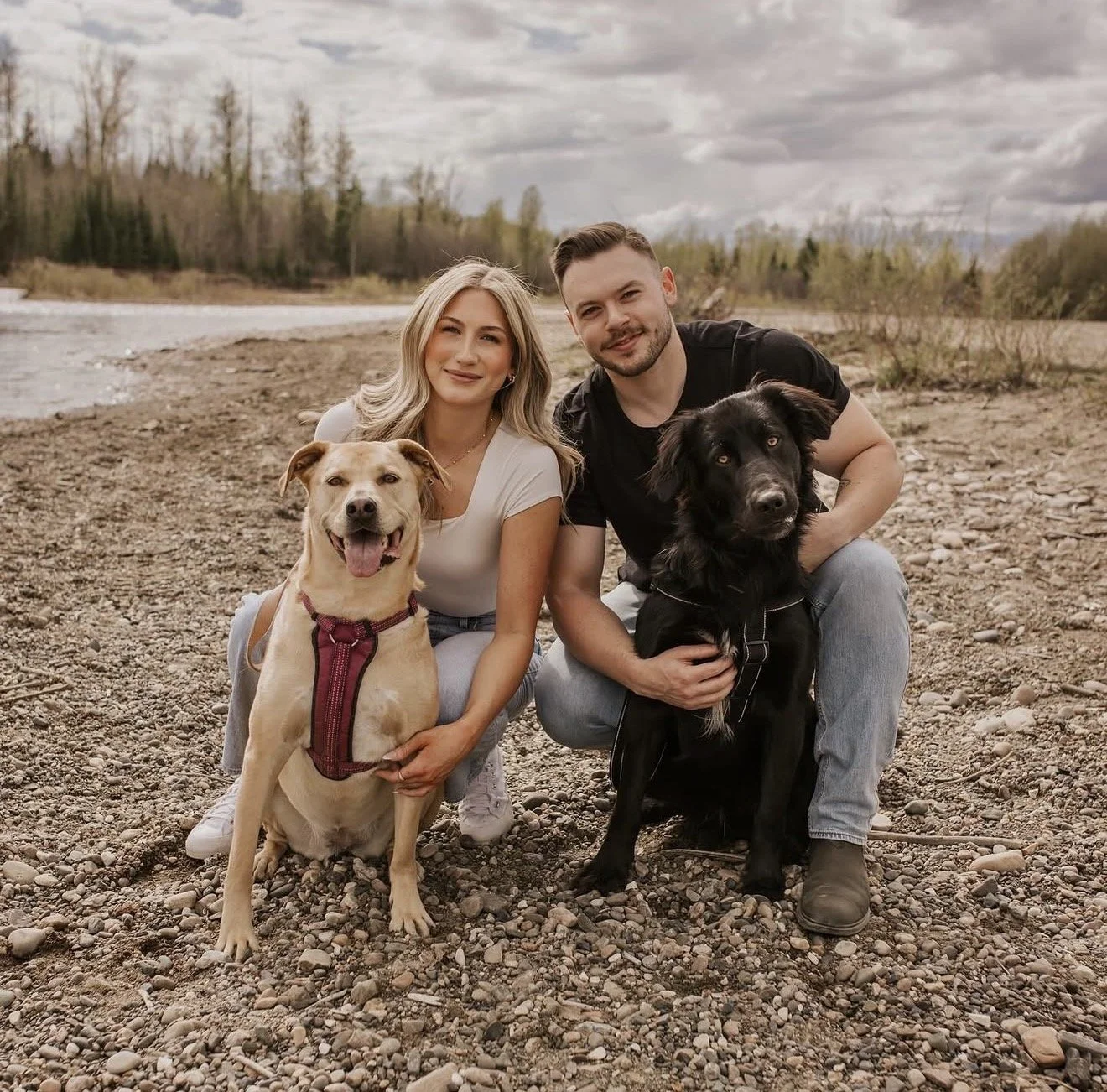 A young woman and man sitting on a rocky riverbank with two dogs, a golden retriever mix and a black dog, during cloudy weather.