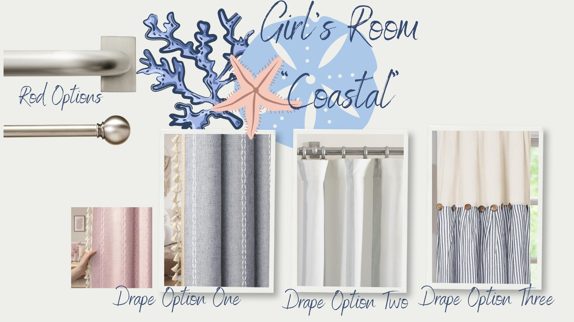 Decorative shower curtain display with three fabric options labeled as Drape Option One, Drape Option Two, and Drape Option Three, and a background with coastal-themed artwork and text.