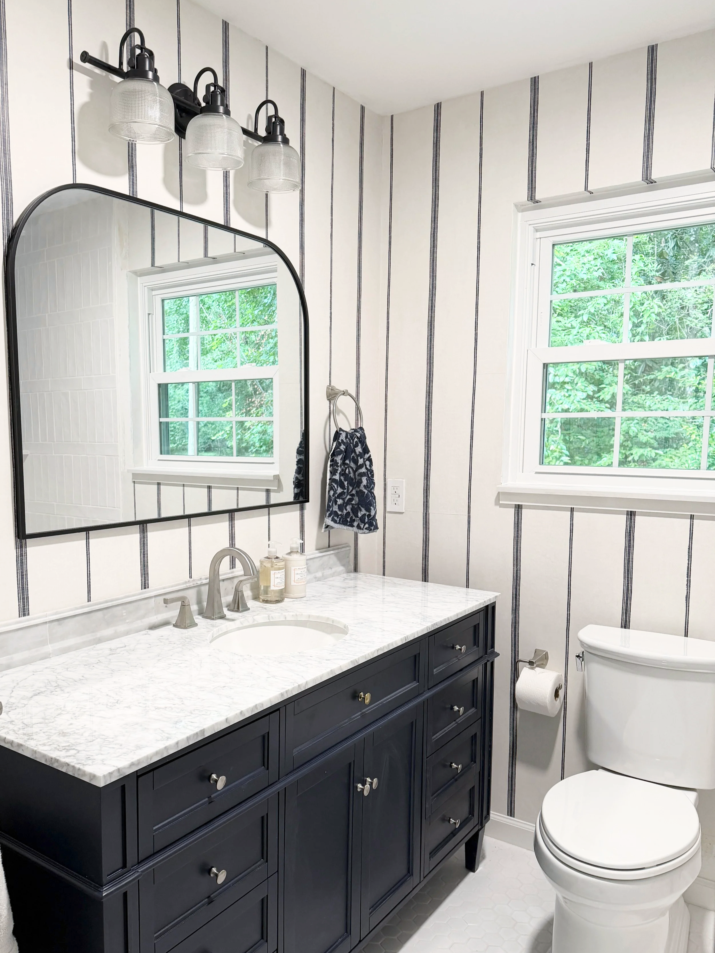 Lake House Main Bathroom Completed Renovation Vanity with Custom Backsplash