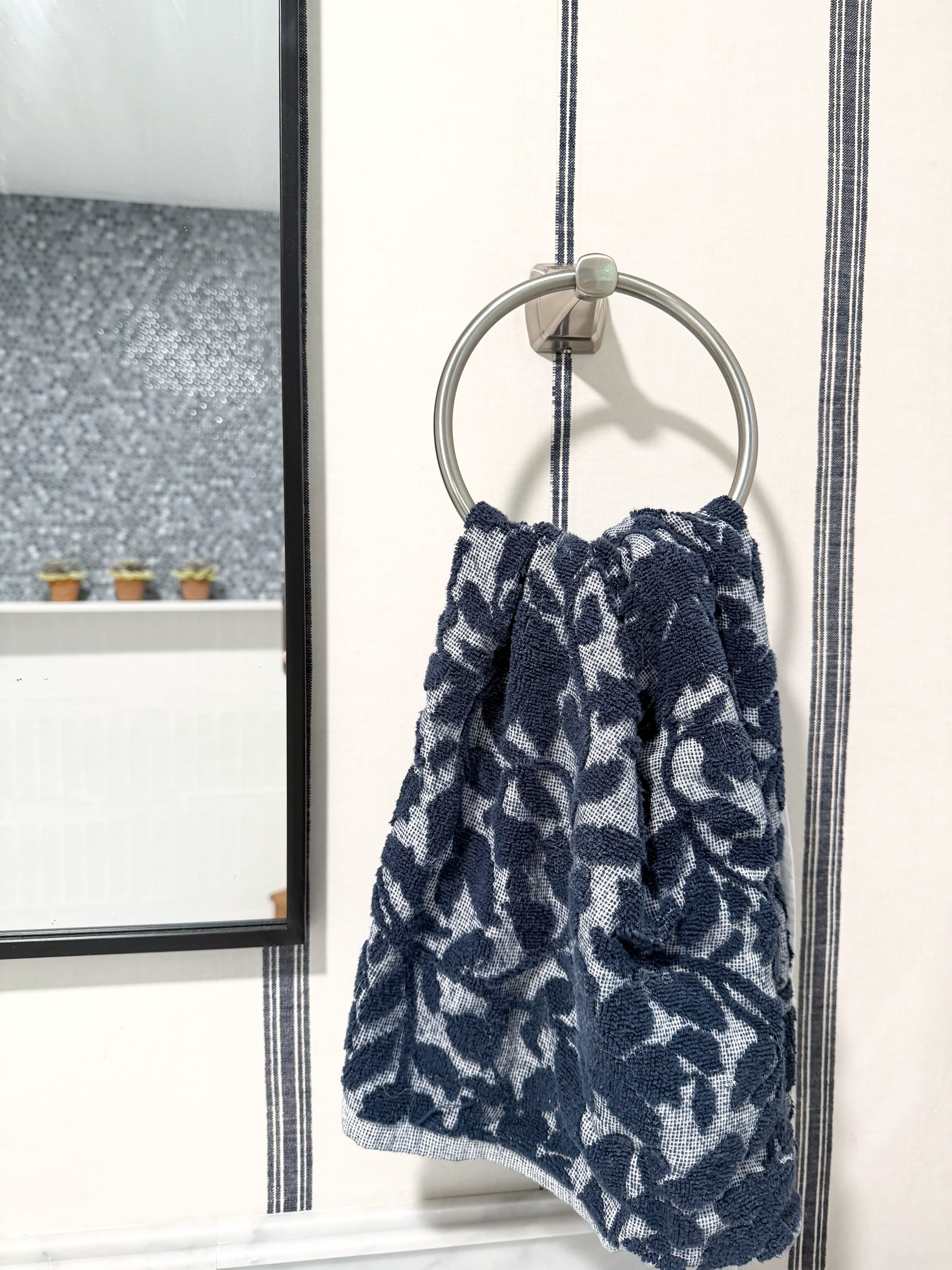 Lake House Main Bathroom Wallpaper and Hardware Detail