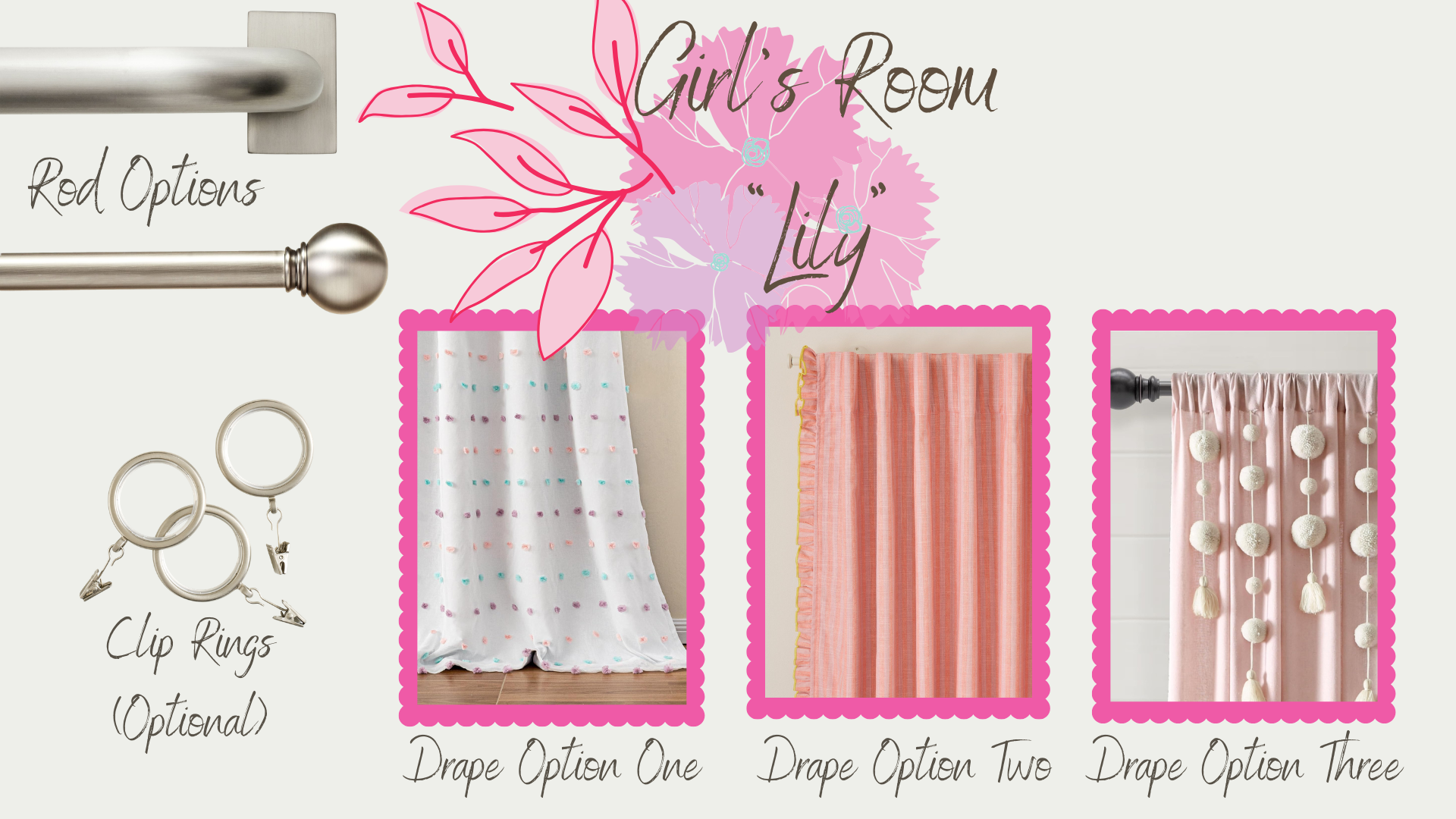 Decorative display of window curtains options with labels, including Drapes Option One, Two, and Three, with additional hardware options like rod and clip rings.