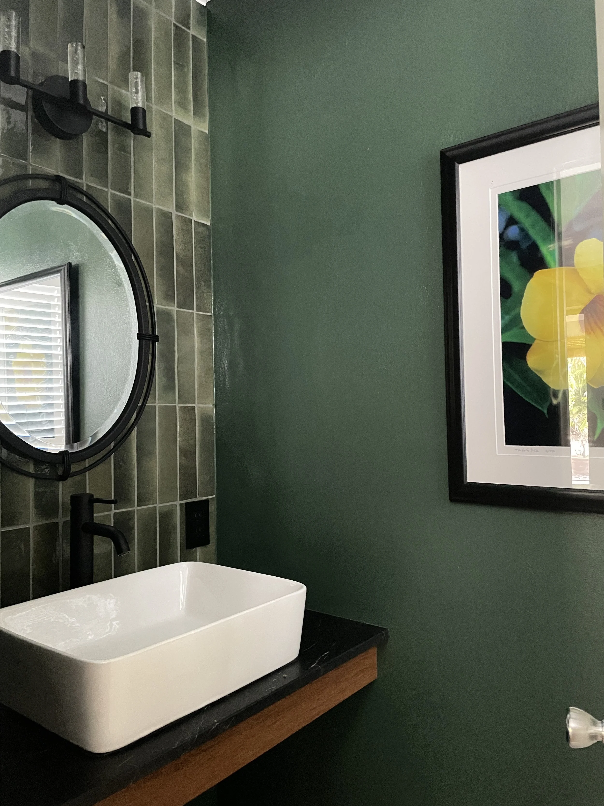 Bathroom decor with green wall, framed flower print, black countertop, white rectangular sink, black faucet, and rectangular mirror with black frame, and a black wall-mounted light fixture with clear glass bulbs.