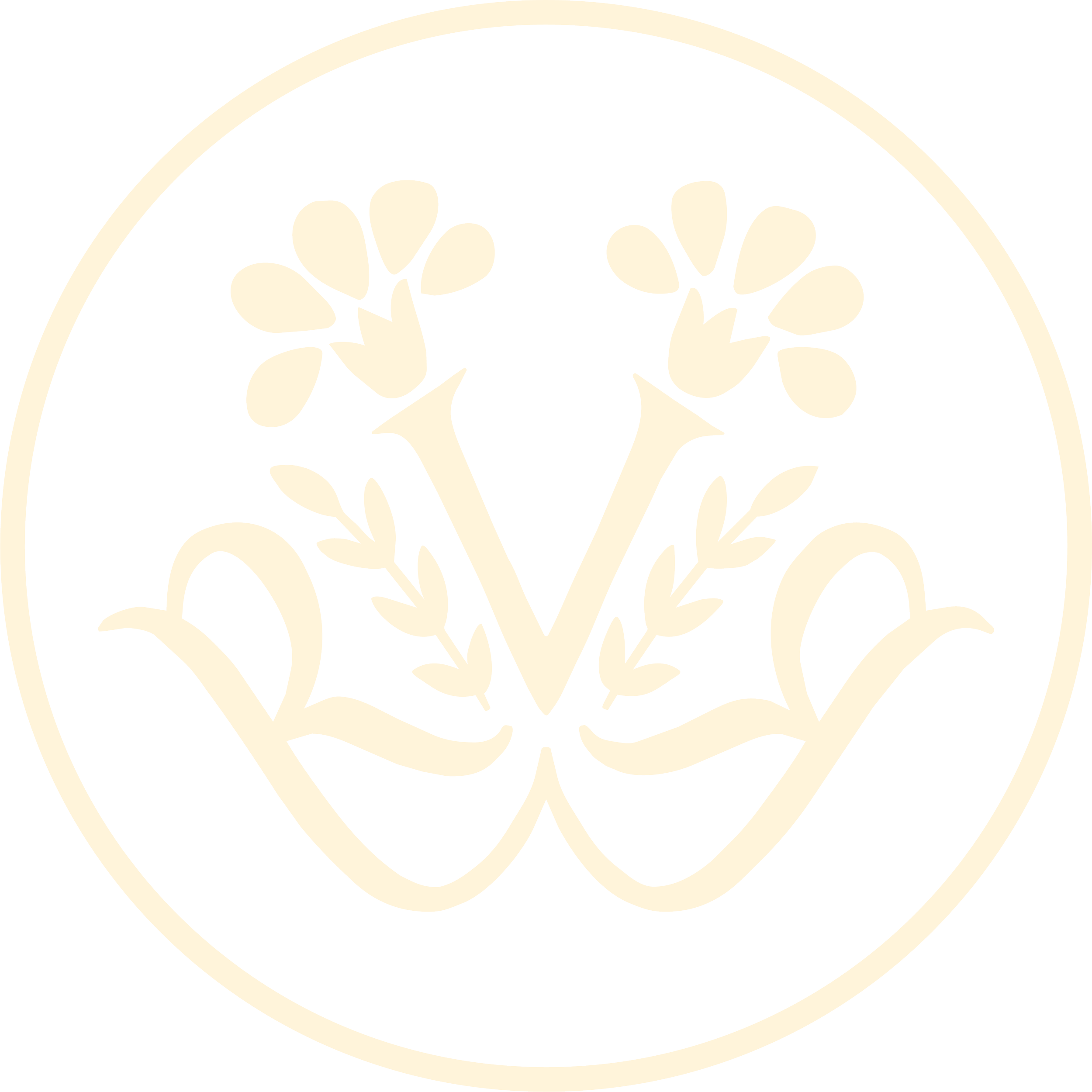 A decorative circular design with floral patterns in shades of beige on a black background.