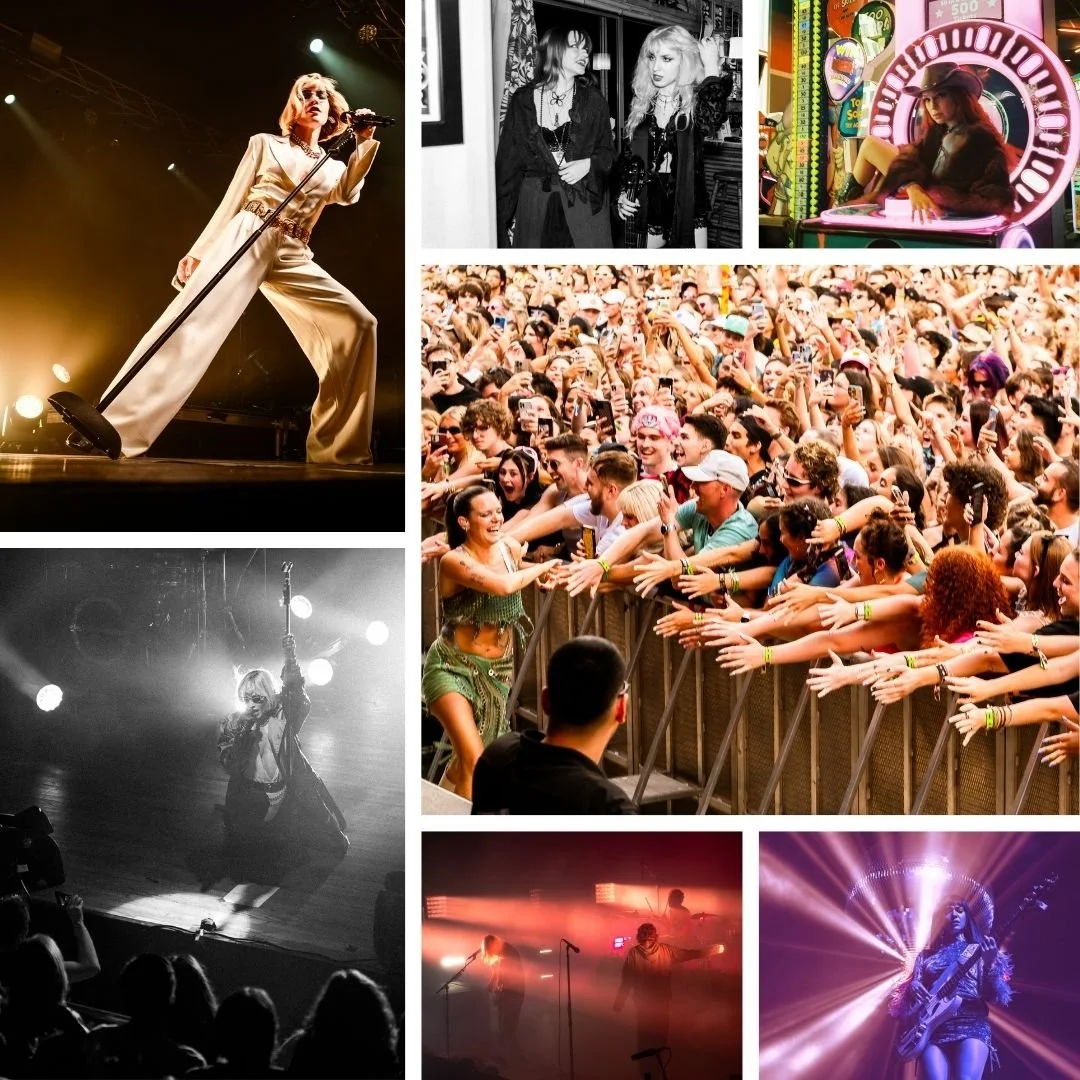 Concert photography collage by Steph Cousino, Atlanta live music photographer — stage performances, festival crowd shots, and backstage portraits capturing musicians in action.