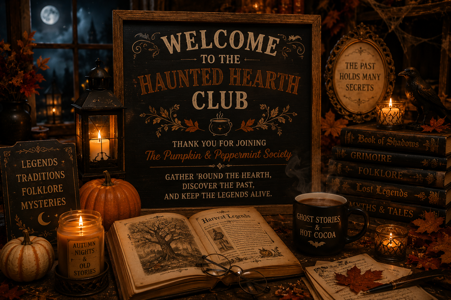 Halloween-themed display with a welcome sign for the Haunted Hearth Club, pumpkins, candles, an open book about harvest legends, a cup of hot cocoa, and decorative autumn leaves. The scene has a dark cozy ambiance with a window showing a full moon outside.