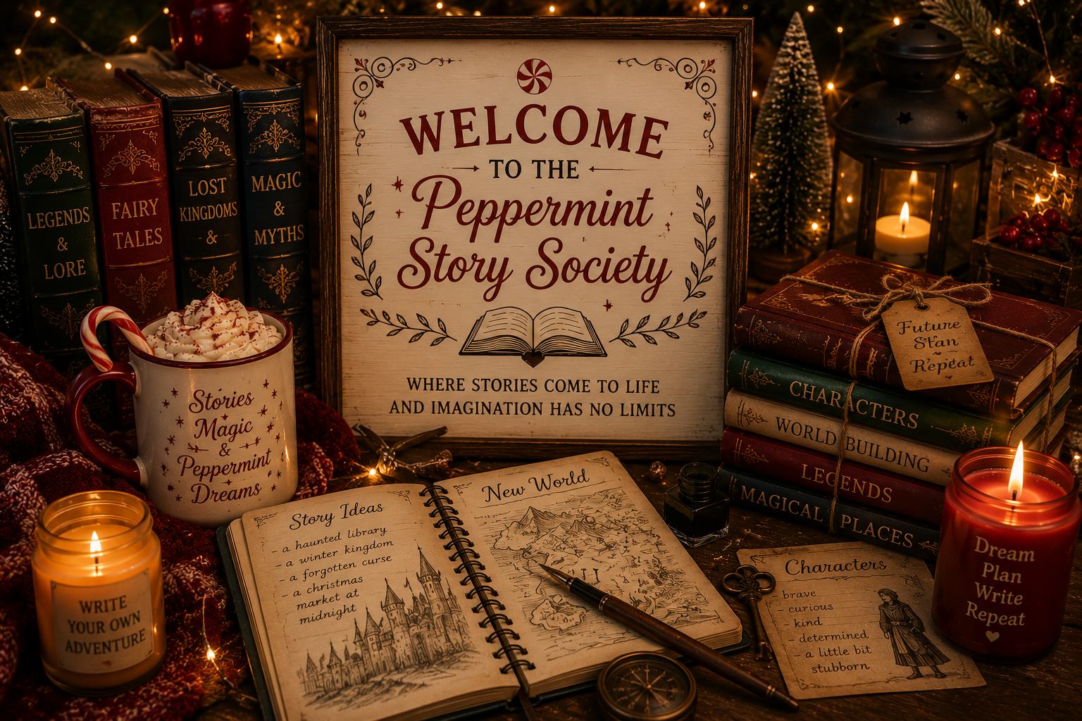 A cozy, decorated table with books about stories, legends, fairy tales, magic, and myths. There is a framed sign that says 'Welcome to the Peppermint Story Society' with a subtitle about stories and imagination. The table has a journal with drawings of a castle and a mountain range, a mug with whipped cream and a candy cane, candles with inspirational phrases like 'Write Your Own Adventure' and 'Dream Plan Write Repeat,' and a stack of books with a tag that reads 'Future Stan Repeat.' Additional decorations include a lantern, berries, a small Christmas tree, and fairy lights.