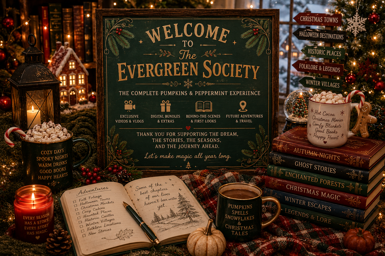A festive Christmas display featuring a large sign that reads 'Welcome to The Evergreen Society' with details about pumpkin and peppermint experiences, surrounded by holiday decorations including a lantern, a mug of hot cocoa, books related to holiday stories, a lit candle, a small pumpkin, a notebook with handwritten holiday ideas, and a decorated Christmas tree with ornaments and lights.