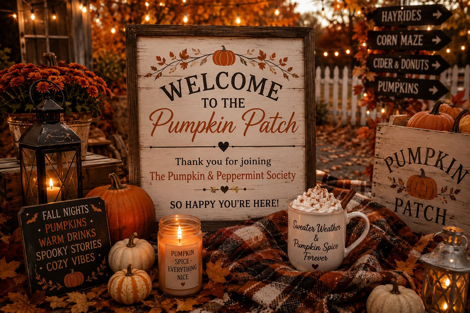 Autumn display with pumpkins, a lit candle, a latte with whipped cream, and a welcoming sign for the Pumpkin Patch, decorated with fall leaves and string lights.