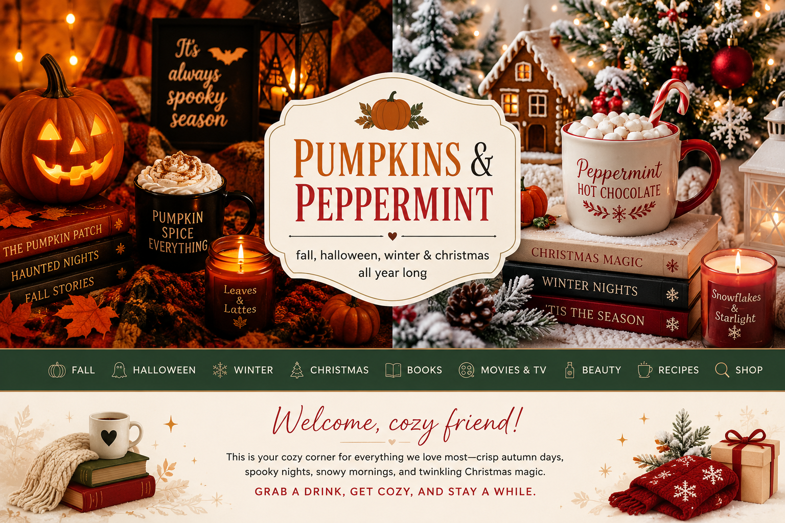 Decorative Christmas scene showcasing pumpkins, peppermint hot chocolate, candles, holiday-themed books, and a Christmas tree with ornaments and snow. Text promotes fall, Halloween, winter, and Christmas themes with cozy, festive decorations.