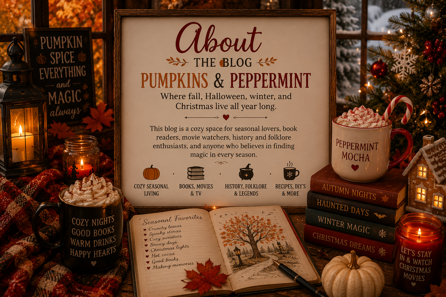 Decorative autumn and holiday themed display with a framed blog about pumpkins and peppermint, candles, a open journal with a fall tree drawing, books titled 'Autumn Nights', 'Haunted Days', 'Winter Magic', 'Christmas Dreams', a mug labeled 'Peppermint Mocha' filled with whipped cream and candy canes, a small pumpkin, a black mug with cozy nights and good books, and a small house decoration, all surrounded by fall leaves and lit candles.