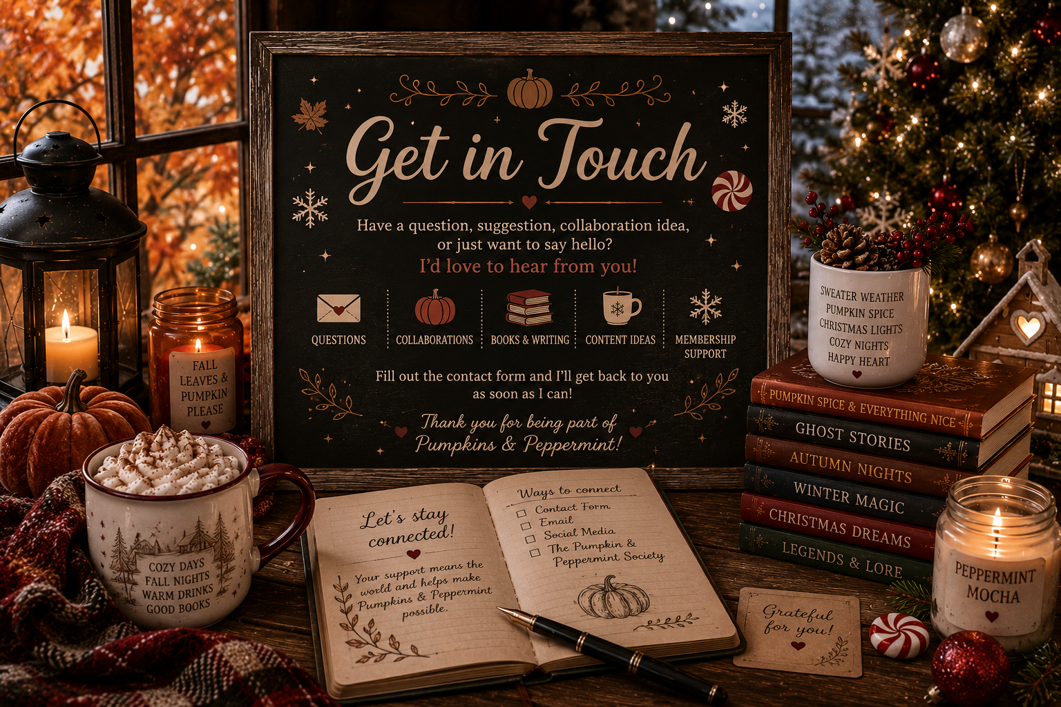 A festive, cozy holiday scene with a chalkboard sign for gathering contact information, surrounded by candles, pumpkins, a mug of whipped cream, a Christmas tree, and holiday decorations.