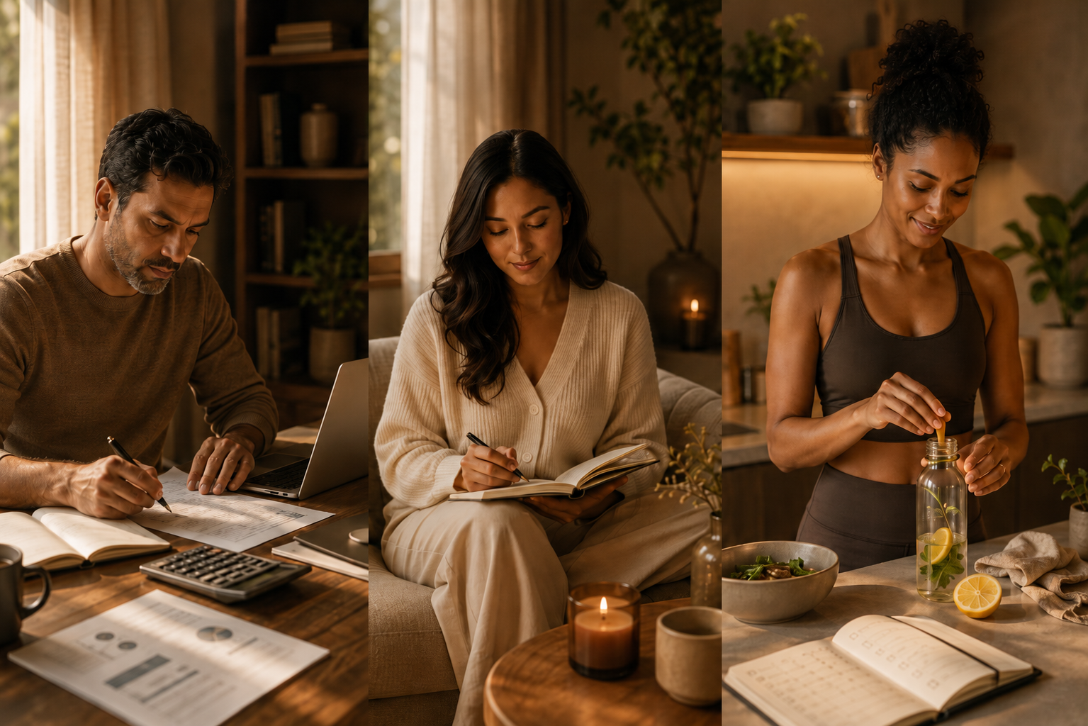 Three people at home: a man working on a laptop and writing on paper, a woman reading a book and writing with a candle nearby, a woman preparing a drink with lemon and herbs in a jar in a cozy kitchen.