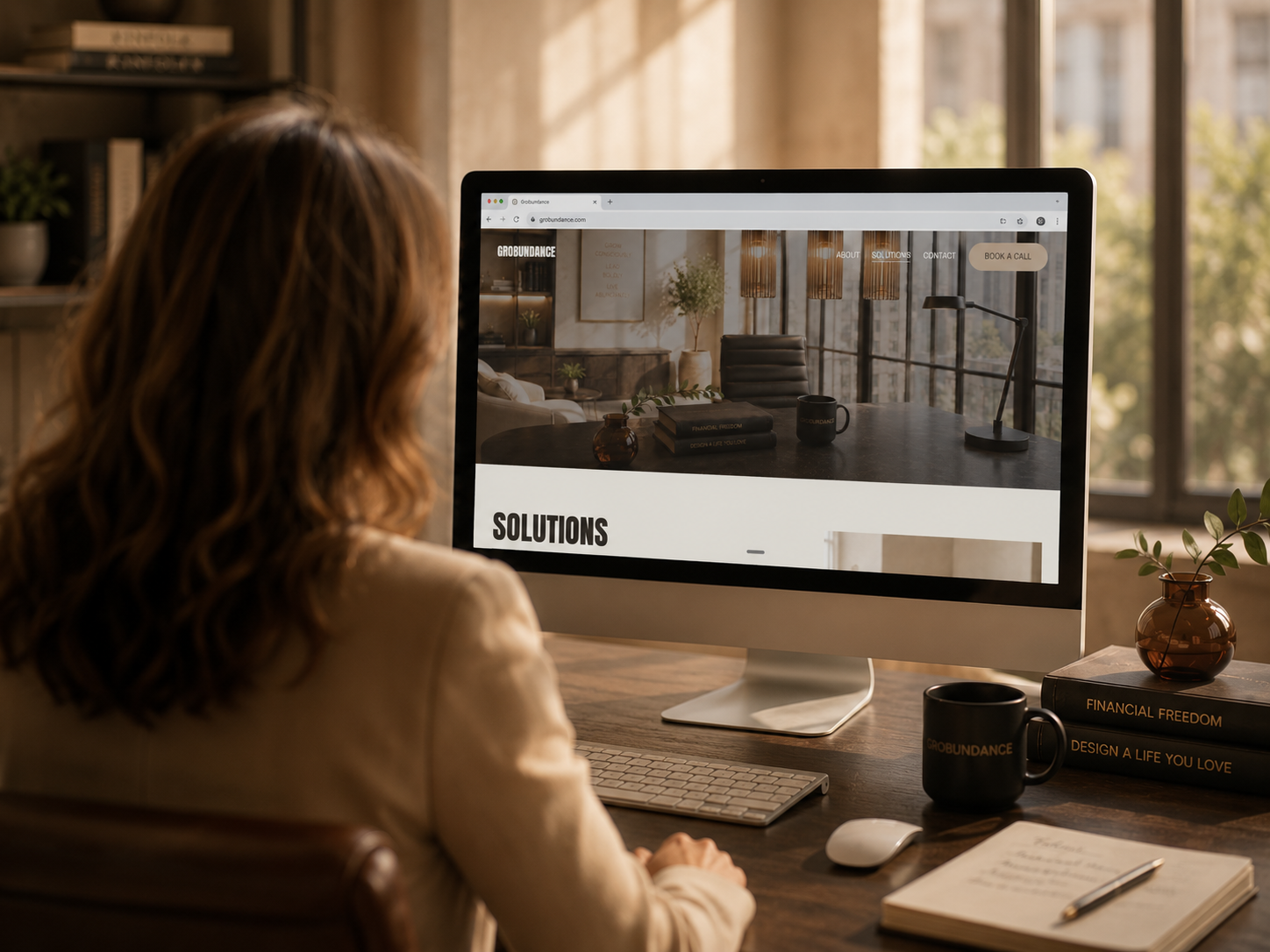 A person with wavy hair using a desktop computer on a wooden desk in a well-lit office with large windows. The screen displays a website with the word 'Solutions' and a work desk scene. There are books, a mug, and a small plant on the desk.