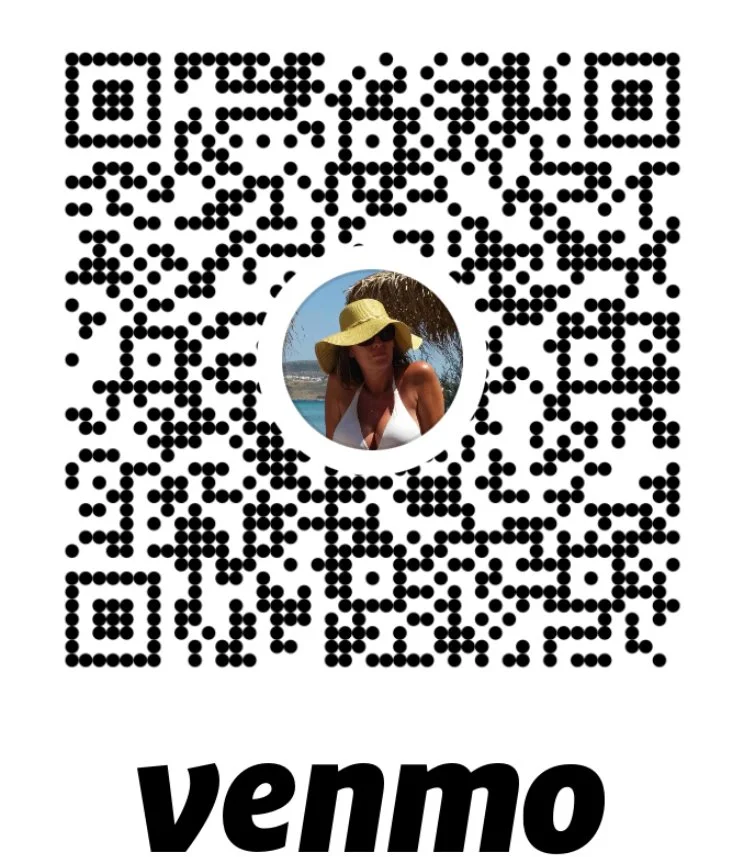 QR code with a circular profile picture of a woman wearing a large sun hat and white swimsuit, with the word 'Venmo' in bold black letters beneath.