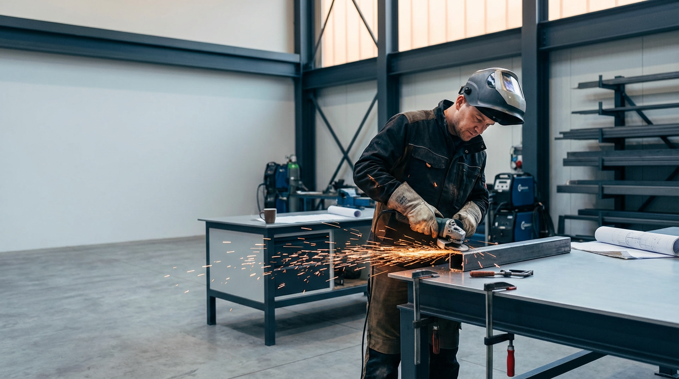 A man wearing a welding helmet and gloves is using a handheld power tool to cut or grind a piece of metal on a workbench in an industrial workshop. Sparks are flying from the metal.