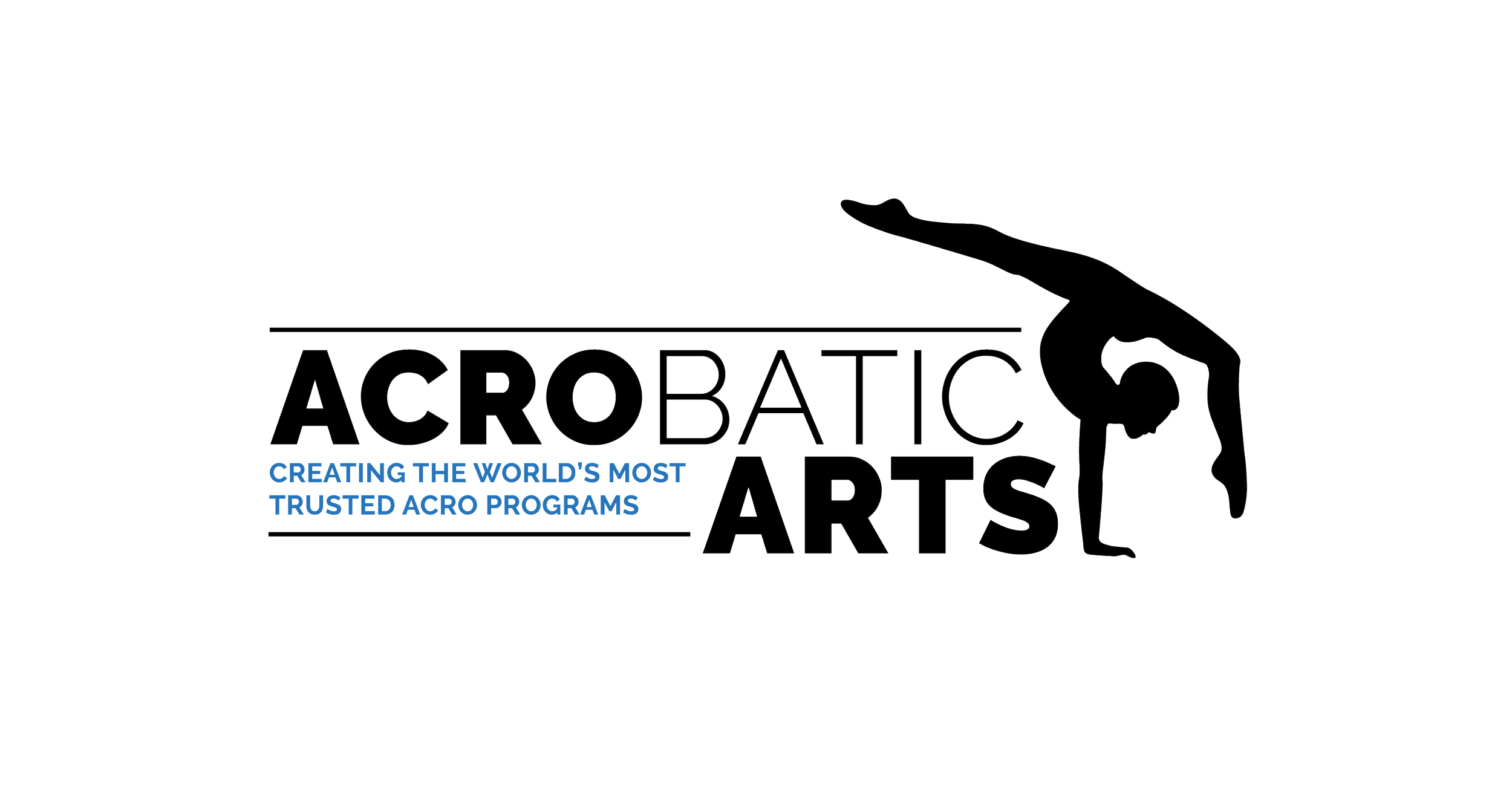 Logo for Acrobatics Arts featuring a silhouette of a person performing a handstand, with the text 'ACROBATICS ARTS' and the slogan 'Creating the world's most trusted acro programs' in blue.