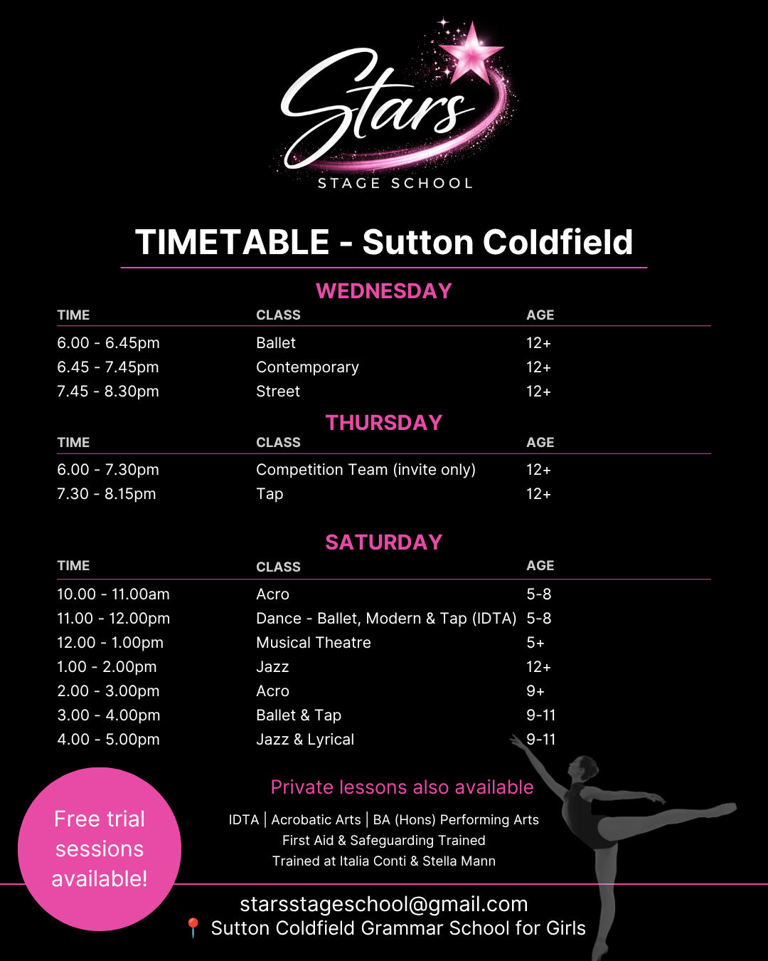 A poster for Stars Stage School displaying the weekly timetable of dance classes in Sutton Coldfield, including ballet, modern, tap, jazz, commercial, acro, and musical theatre, with contact information and details about free trial sessions.