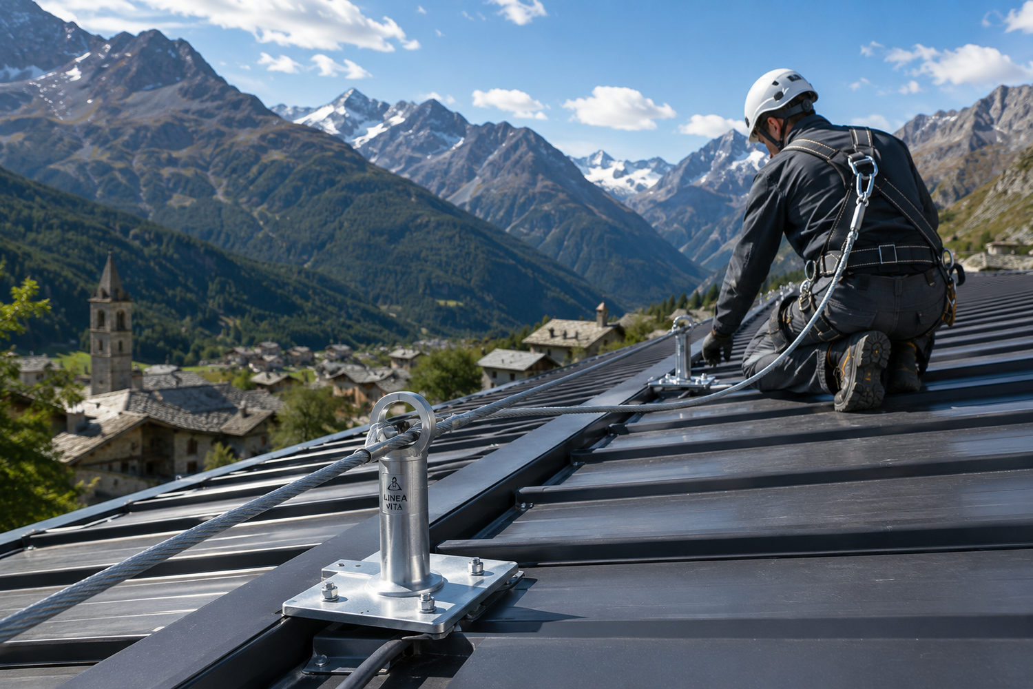 Installazione di una linea vita su una copertura in Valle d'Aosta