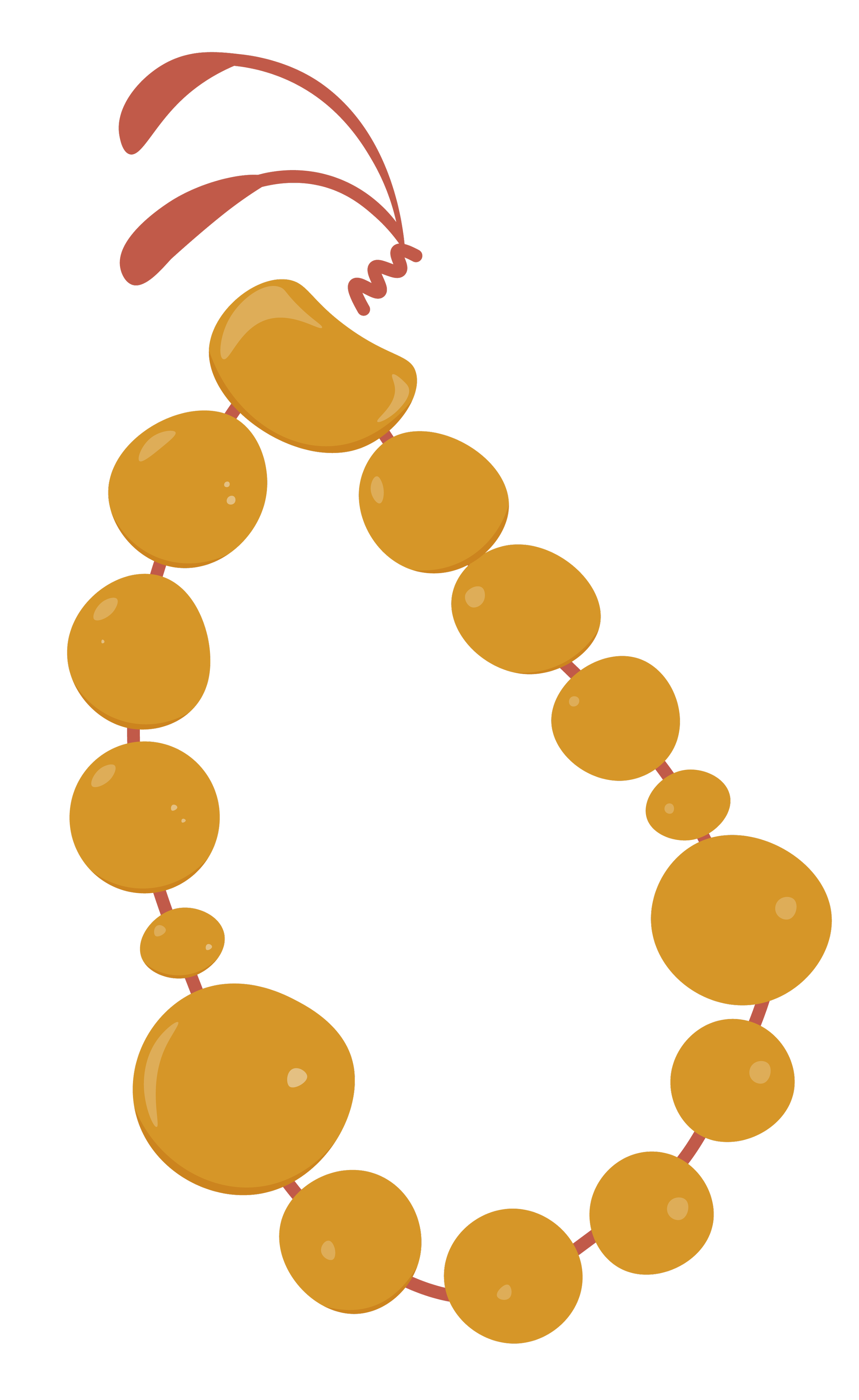 An illustration of a bracelet with yellow beads and a red tie