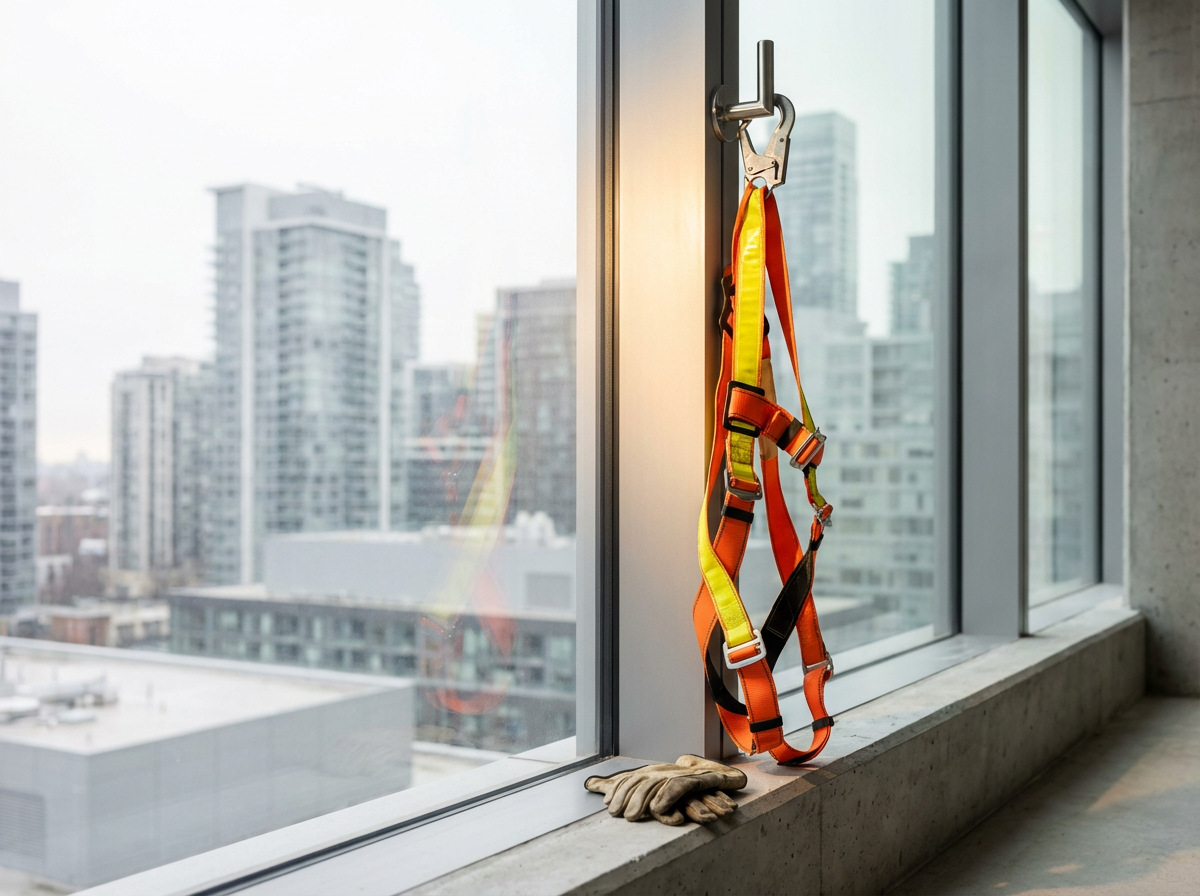 Construction safety harness hanging on door hook, gloves resting on windowsill, in a high-rise building with city skyline view.