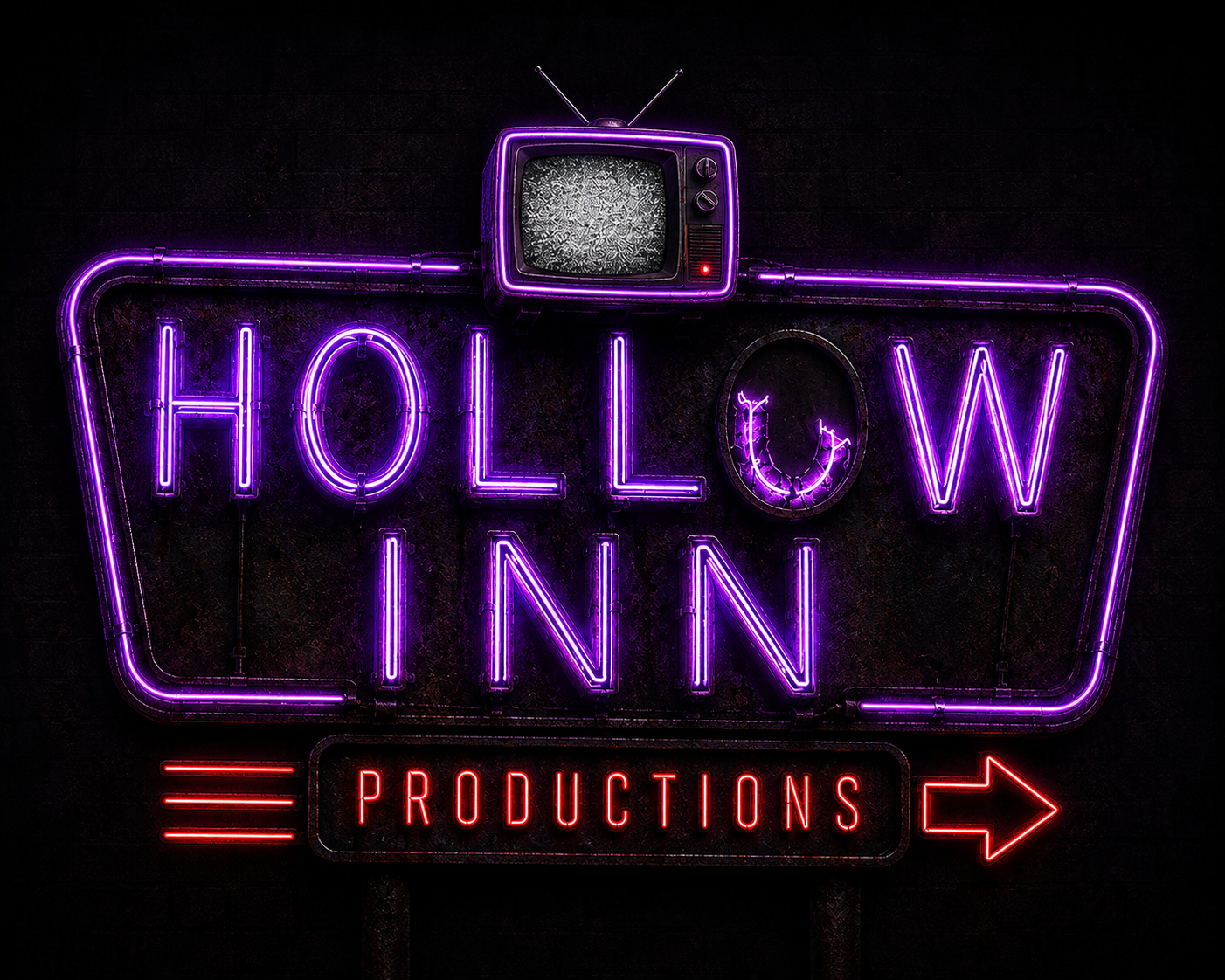Neon sign with purple letters spelling 'HOW INN' and red letters spelling 'PRODUCTIONS' with a red arrow pointing right, and an old TV with static image on top.