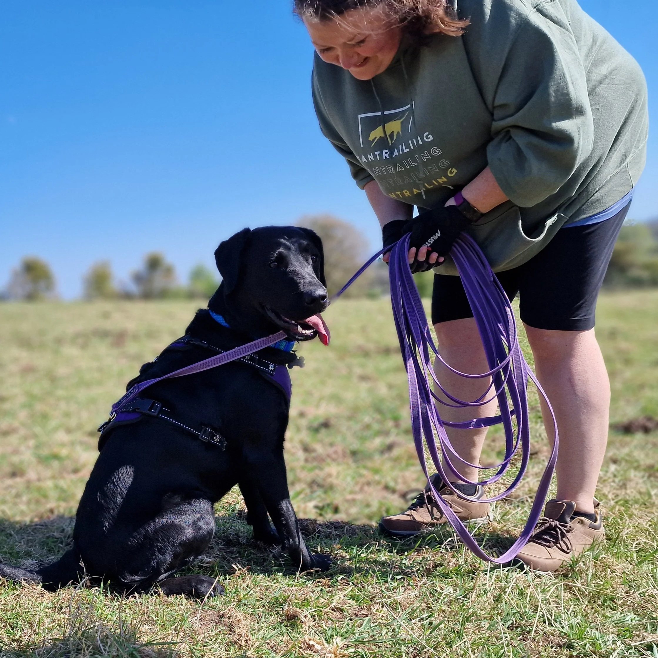 A person wearing a hoodie while holding a purple long line. A black Labrador Retriever is sitting on the grass, looking up at the person with a pink tongue out. The person is smiling and outdoors on a clear day with a blue sky.