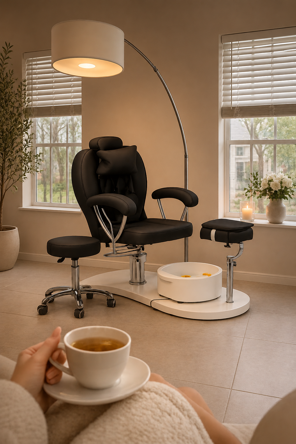 A woman holding a cup of tea sitting on a sofa in a room with large windows, a black therapeutic massage chair, a white foot bath, a candle, and a vase of flowers.