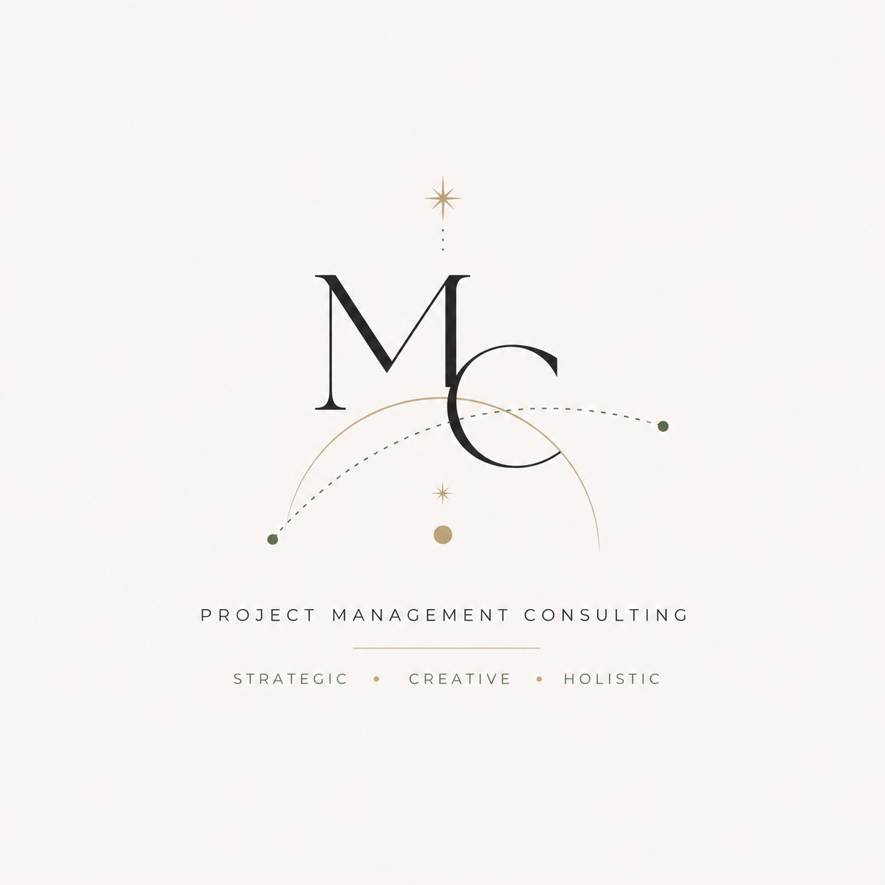 Logo for Project Management Consulting with the initials M and C, surrounded by star and orbital design elements, with text indicating strategic, creative, and holistic focus.