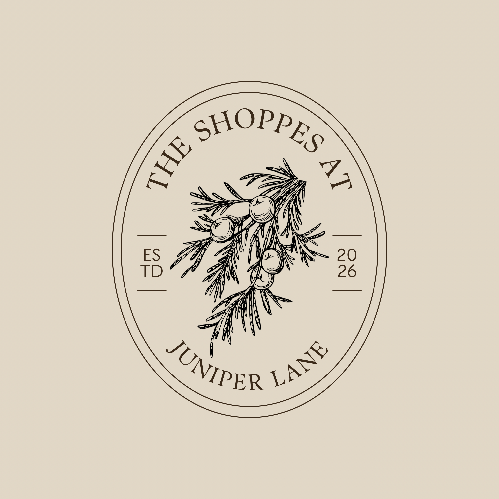 A beige background with a circular logo in black and white, featuring an illustration of pine branches and berries, and text about a year-round Christmas tree farm in Kentucky.