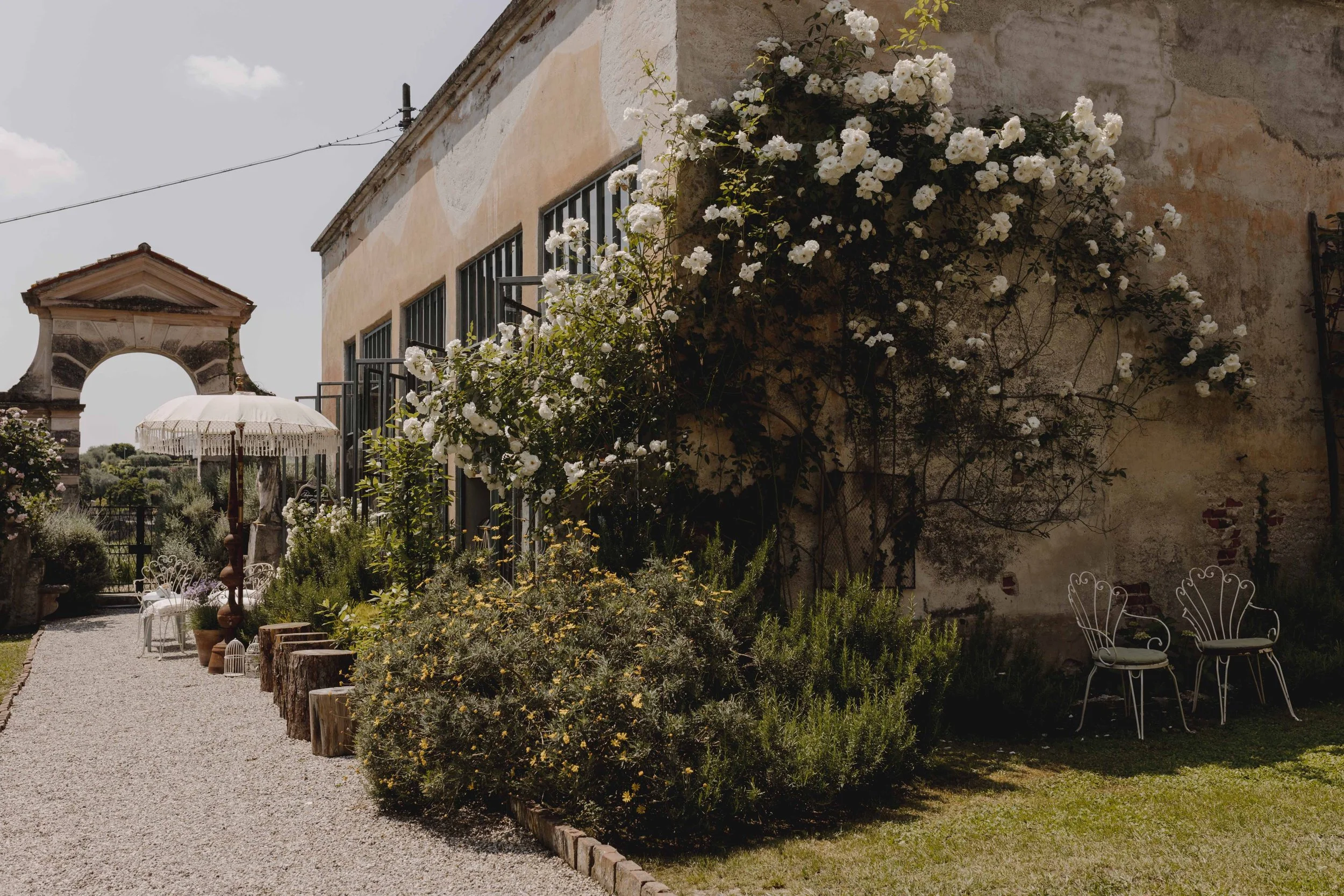 A rustic outdoor garden scene with a gravel pathway, lush green plants, white flowers, and vintage white metal chairs, against an aged stone wall.