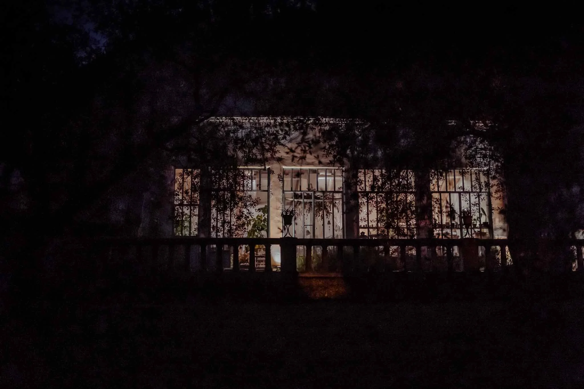 A house seen through a fence, surrounded by trees with leaves, at night.