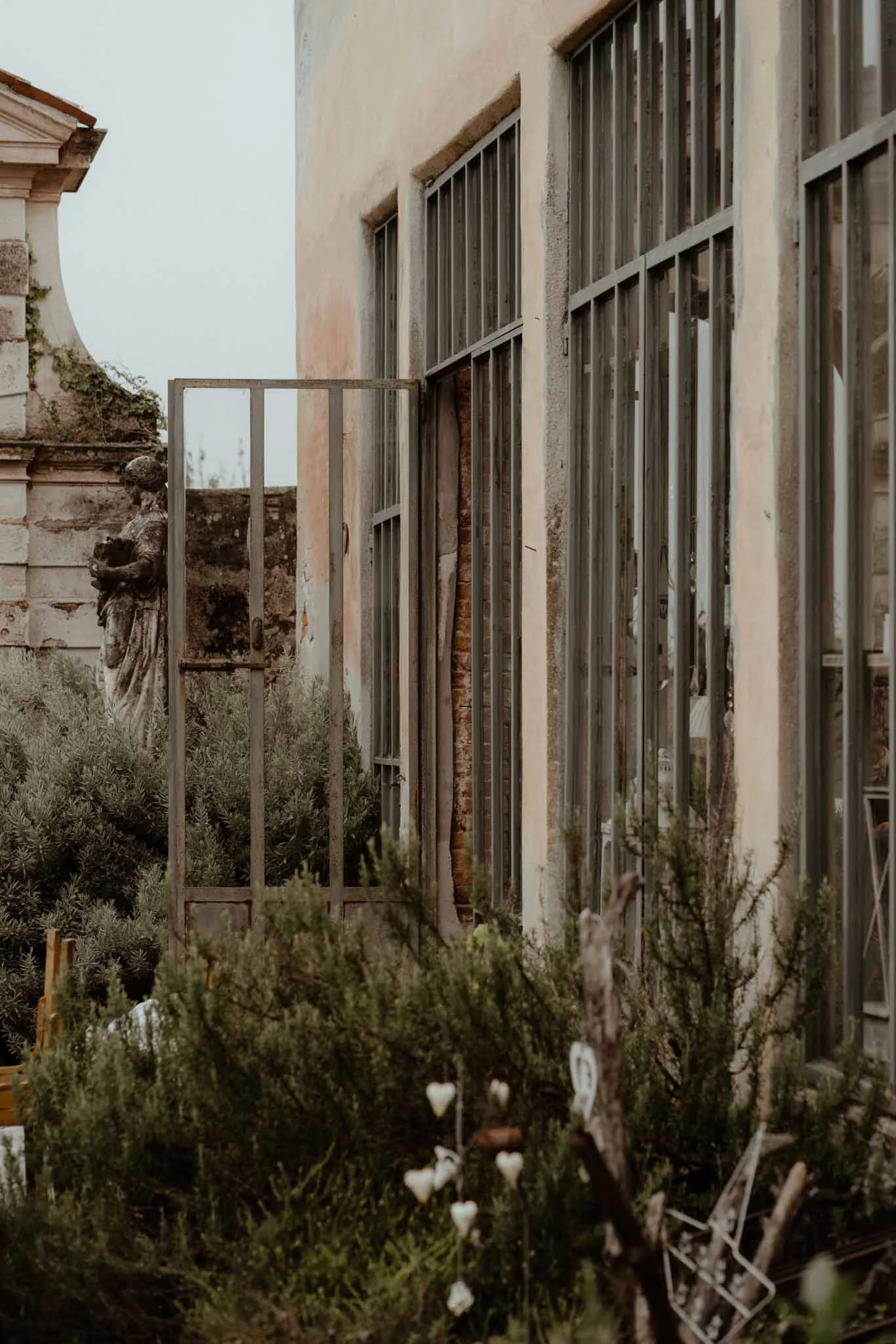 An exterior view of old buildings with iron bars on the windows and a statue of a woman holding a book. There are plants in the foreground.