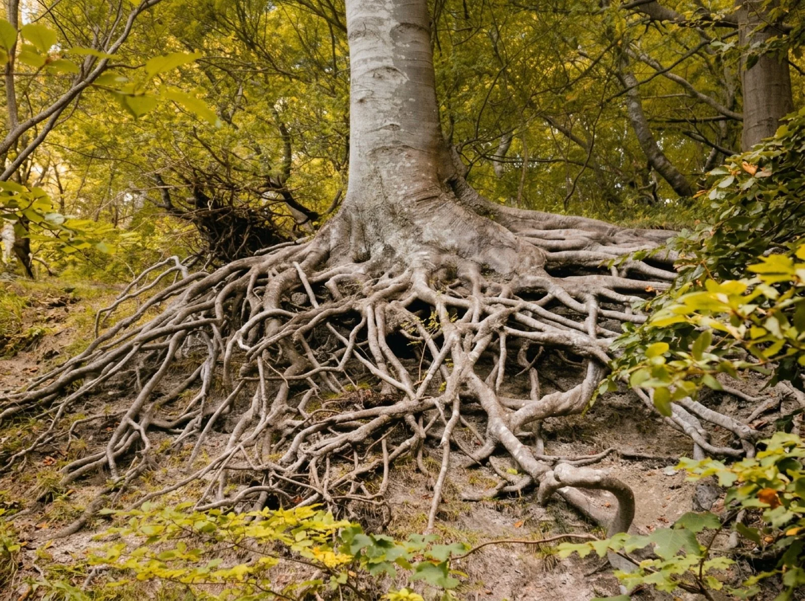 Large tree with extensive root system in a forest with yellow-green autumn leaves.
