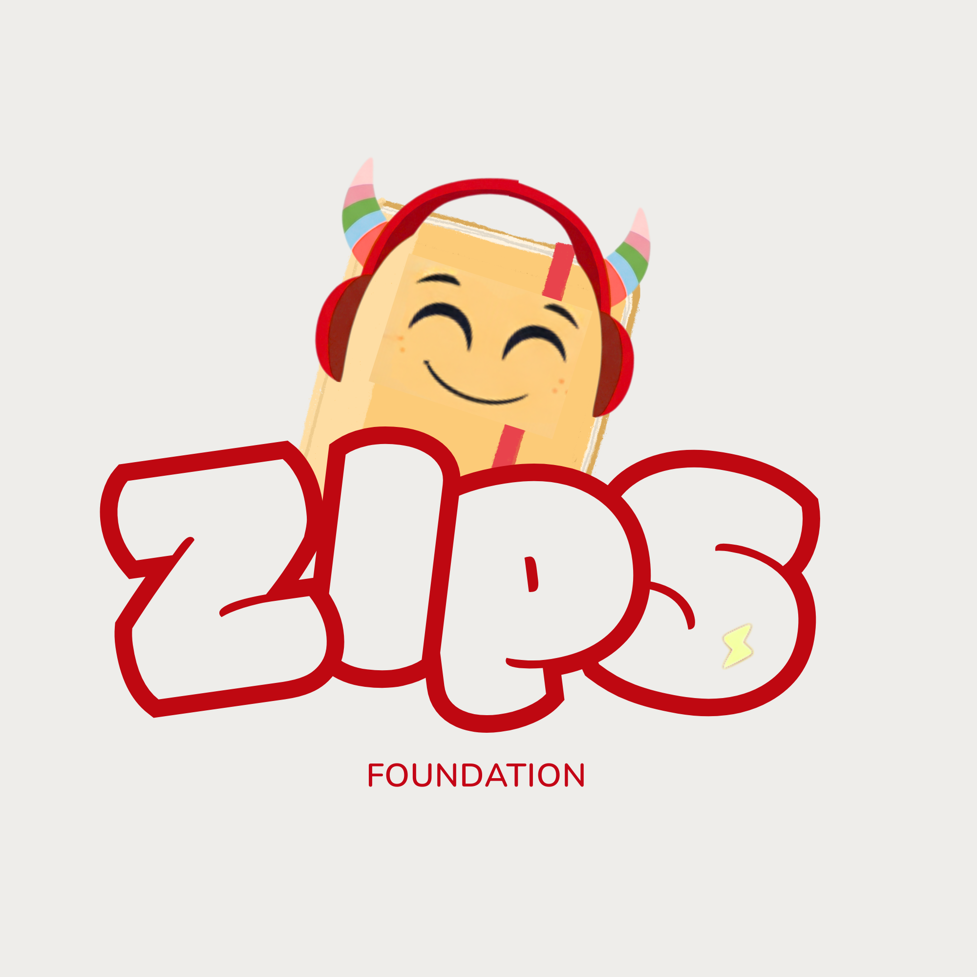 A smiling emoji with rainbow-colored horns wearing red headphones, placed above bold red text with a lightning bolt, reading 'FOUNDATION'.