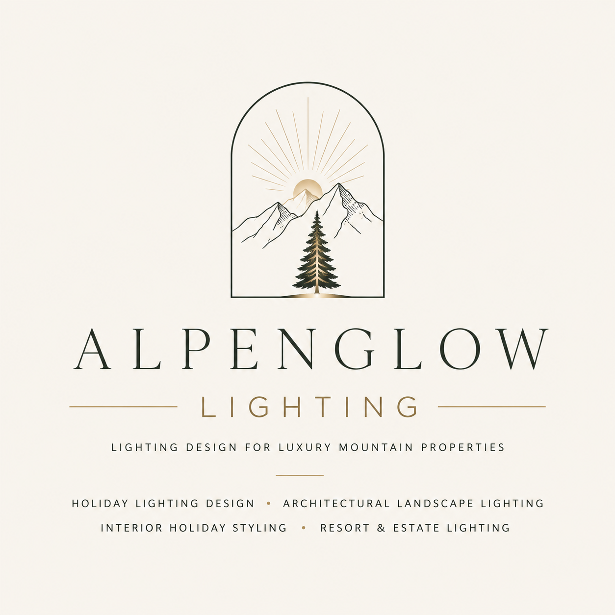 Logo for Alpenglow Lighting featuring mountains, pine tree, and rising sun with rays. Text about lighting design for luxury mountain properties, holiday, architectural landscape, interior, resort, and estate lighting.