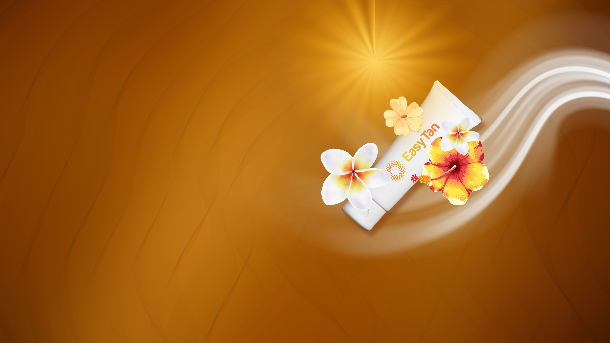A tube labeled EasyTan surrounded by tropical flowers on a brown background with a radiant light effect.