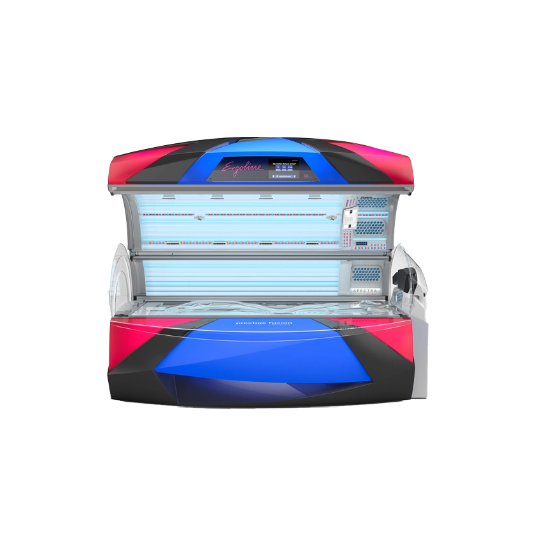 Erogline Prestige Fusion Spectra lay down sun bed. A colorful tanning bed with blue, pink, and black accents and digital controls on top.