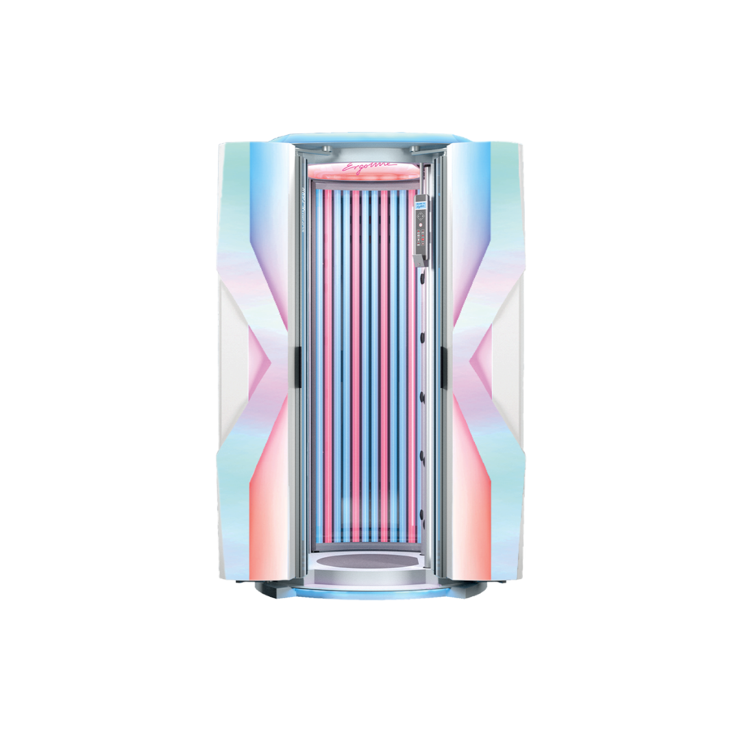 Erogline Sunrise 7200 LED Sun bed. A modern tanning bed with colorful lights and a digital control panel.
