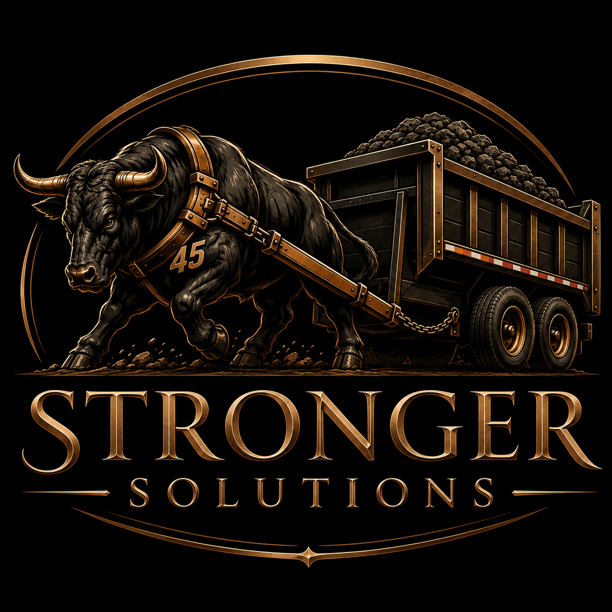 A strong black buffalo with gold accents pulling a cart filled with dirt or coal, with the number 45 on its side. Beneath, the words 'Stronger Solutions' are written in bold, gold letters.