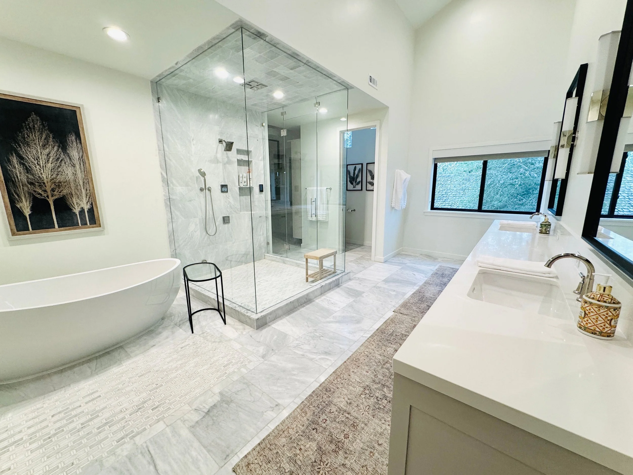 Immaculate full bathroom organization reset and luxury amenities restocking following a guest visit in Park City, Utah.