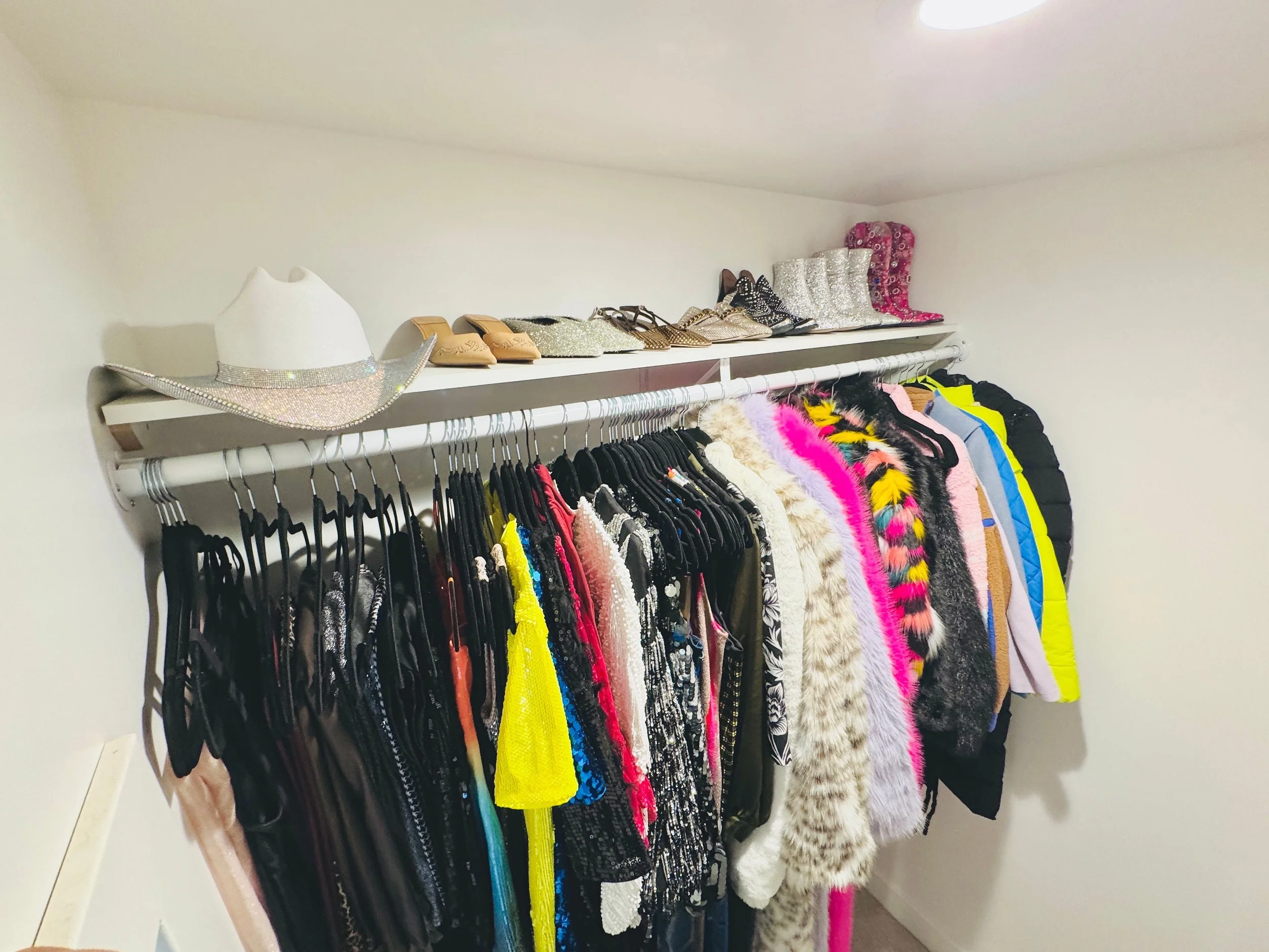 Elegant dress and gown organization inside a custom Park City master closet.