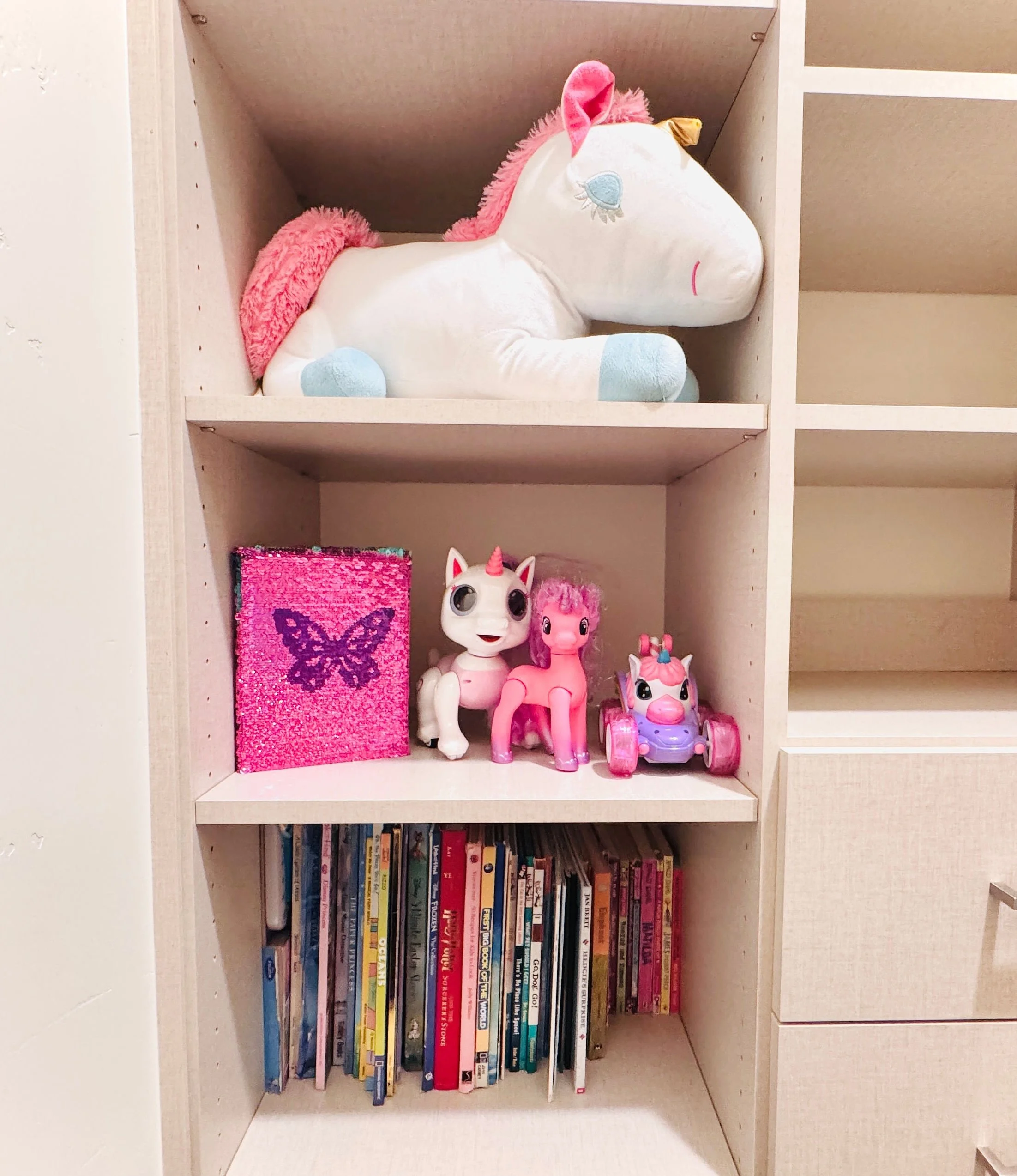 Girls' bedroom bookshelf organization for books and stuffed animals in Park City.