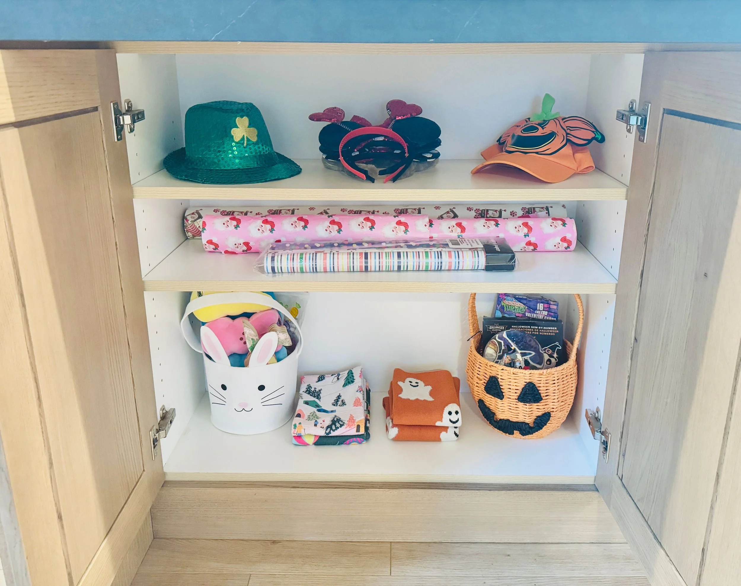 Deeply organized seasonal storage cabinet featuring dedicated bins for Halloween, St. Patrick's Day, Easter, Disneyland gear, and holiday wrapping paper in Park City, Utah.